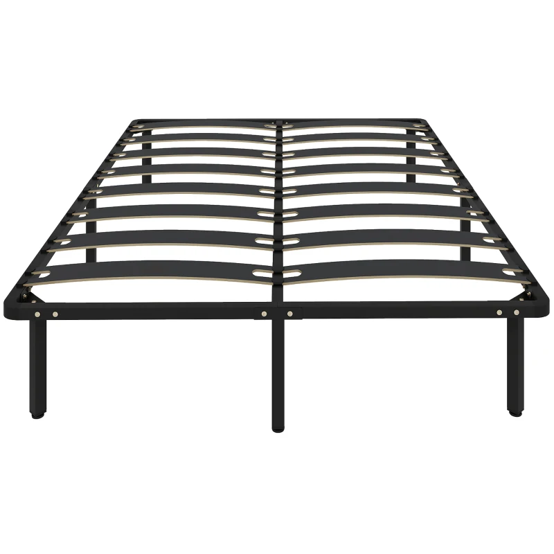 HOMCOM Estrutura 140x190 cm Estrado de Cama de Plataforma de Aço com Ripas de Álamo Fácil de Montar Carga 350 kg Preto
