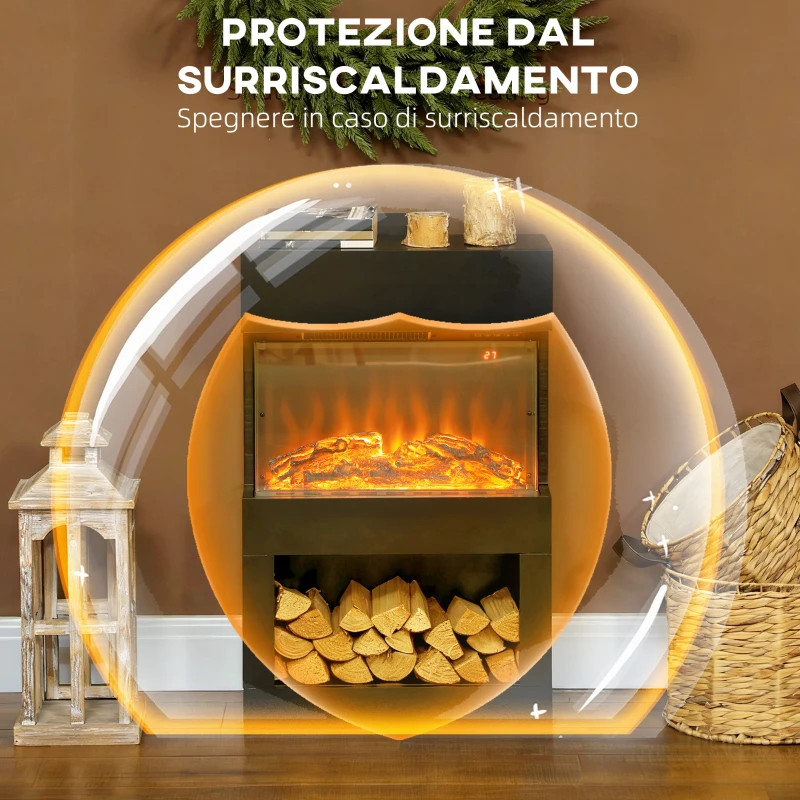 HOMCOM Camino Elettrico con Effetto Fiamma 3D Colorata, 1000W/2000W con Temperatura Regolabile e Telecomando, Nero