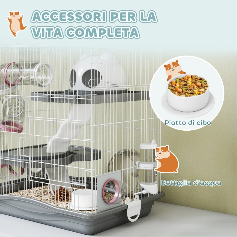 PawHut Gabbia per Criceti a 3 Livelli e 14 Tubi con Casetta, Rampa, e Accessori, in Metallo e Plastica, 45x30x45 cm, Grigio