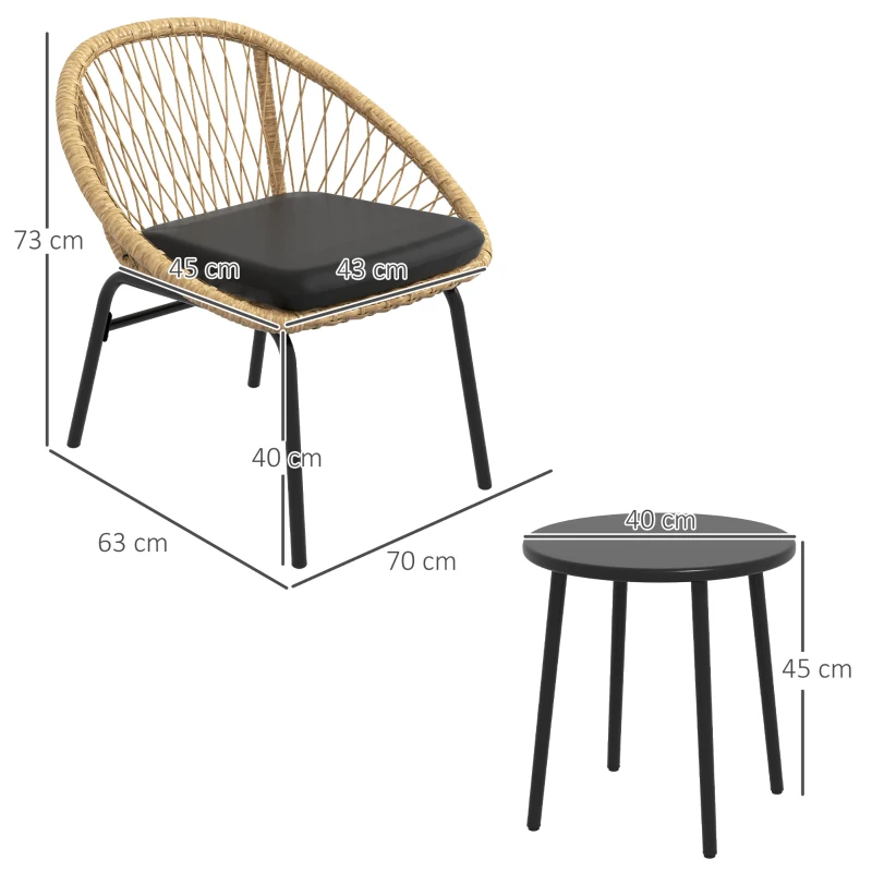 Outsunny Conjunto de terraço em rattan, Conjunto de móveis de jardim, 2 poltronas & mesa, Amarelo