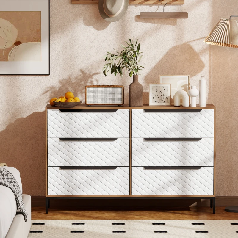 HOMCOM Cómoda com 6 Gavetas de Tecido Frentes com Padrão de Diamante Móvel de Arrumação 117,5x30x73,5 cm Madeira e Branco