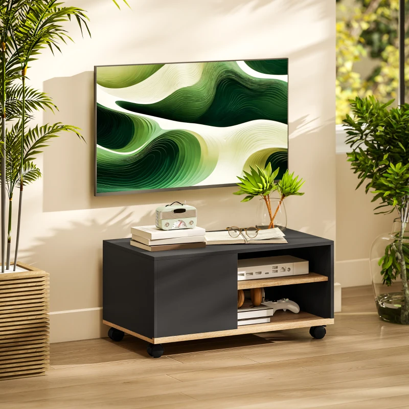 HOMCOM Mobile Porta TV fino 42"con Ruote e Freni, Armadietto e Ripiano Regolabile, 80x45x41 cm, Nero