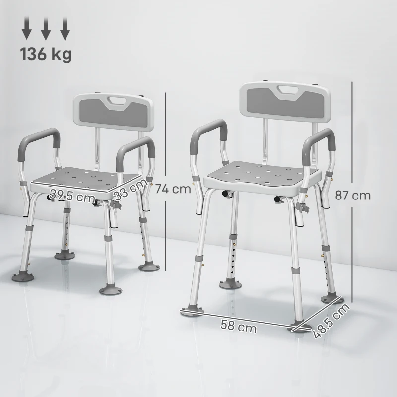 HOMCOM EVA Padded Shower Chair for the Elderly and Disabled, Height Adjustable Shower Stool with Back and Arms, 4 Suction Foot Pads, Light Grey