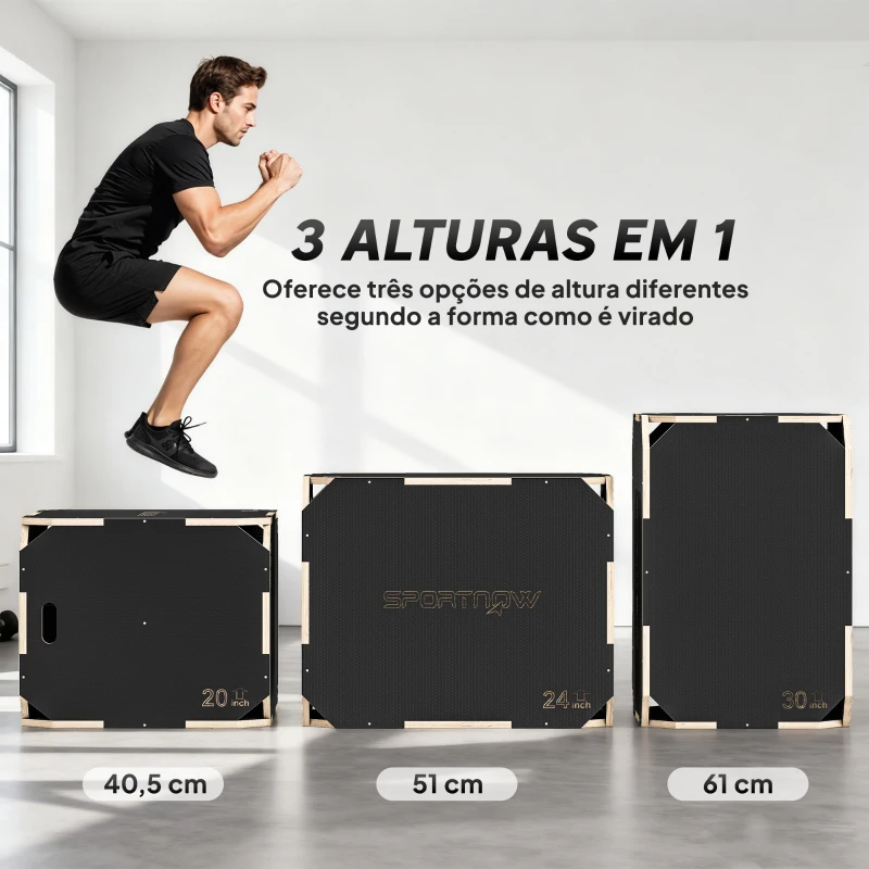 SPORTNOW Caixa Pliométrica de Madeira com 3 Alturas Diferentes para Treino de Salto Força em Casa Ginásio e Exterior 76x61x Preto