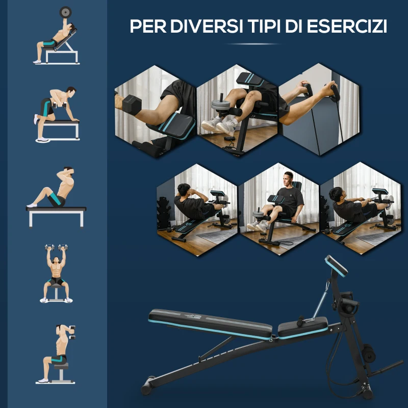HOMCOM Panca Multifunzione Pieghevole con Schienale Regolabile a 7 Livelli, Leg Extension, Cuscinetto ed Elastici, Blu