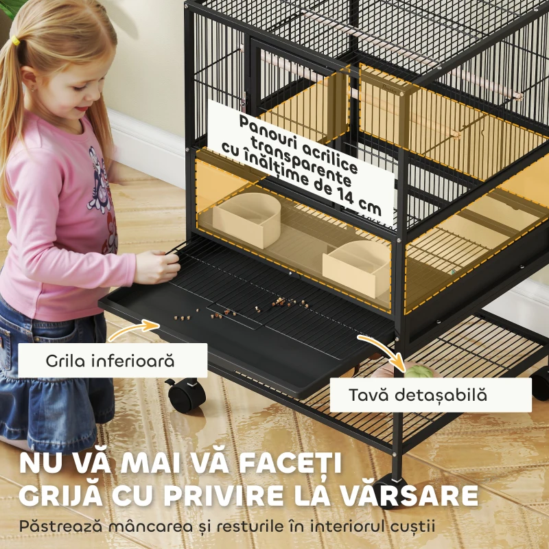 PawHut Cușcă pentru Păsări cu Roți cu Raft Inferior, Tavă și Grilă Negru