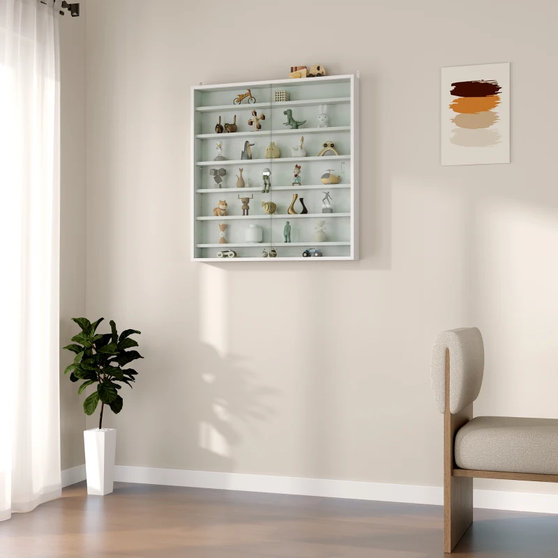 HOMCOM Vitrine para coleção vitrine de parede 80 x 9,5 x 83 cm 6 prateleiras reguláveis em altura 2 portas de correr em vidro