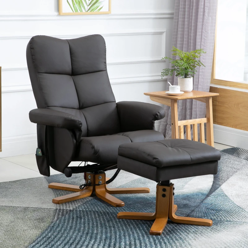 HOMCOM Poltrona relax massajadora com pufe, poltrona de relaxamento giratória a 360°, encosto reclinável, 80 x 86 x 99 cm, marrom