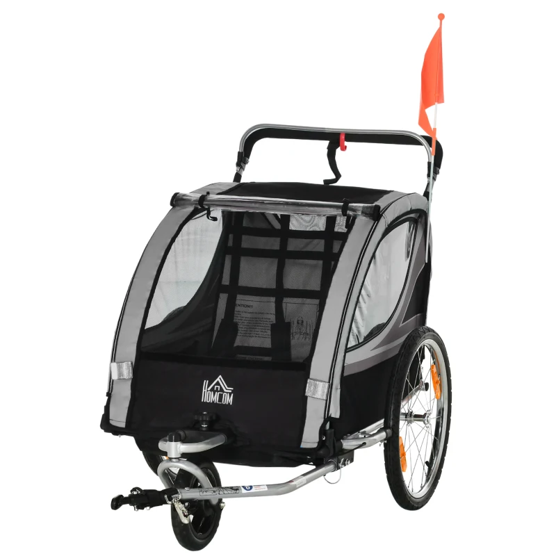 HOMCOM Reboque de bicicleta infantil, carrinho de passeio, com freios, dobrável, para 2 crianças, Cinza/Preto