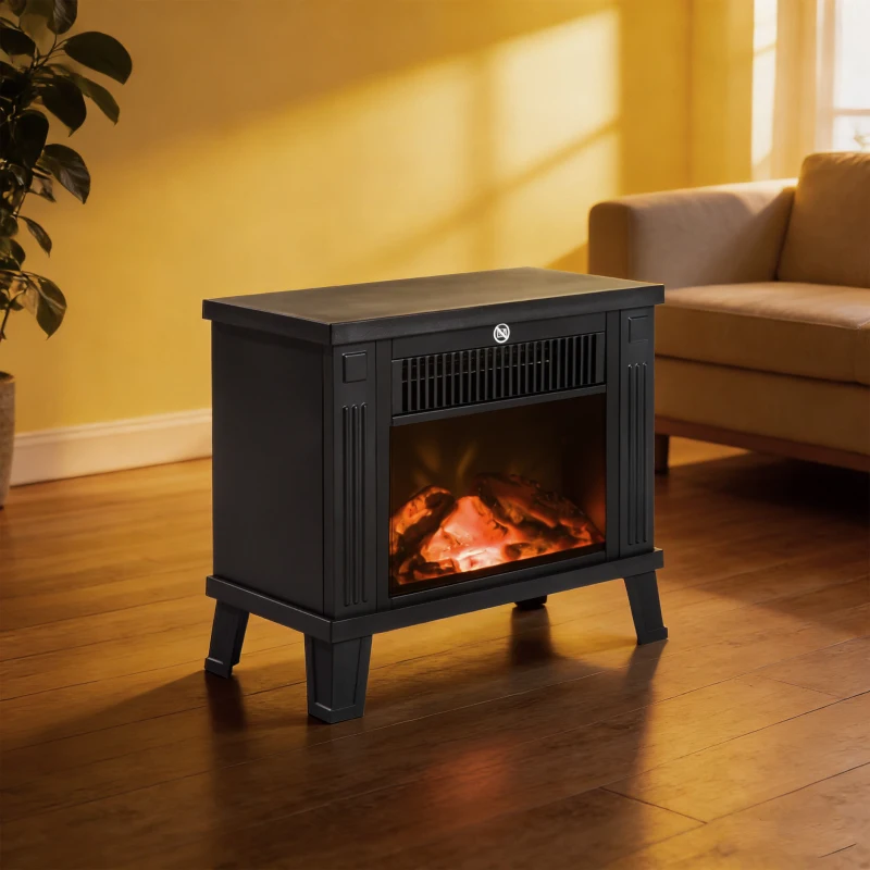 HOMCOM Camino Elettrico da Terra Moderno 600W/1200W con Effetto Fiamma, Caminetto Elettrico con Protezione da Surriscaldamento e Antiribaltamento, 34x17x31 cm, Nero