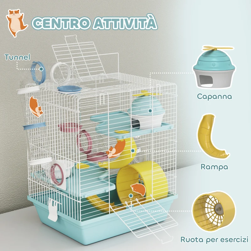 PawHut Gabbia per Criceti a 3 Livelli e 12 Tubi con Casetta, Rampa, e Accessori, in Metallo e Plastica, 34.5x27.5x41 cm, Grigio