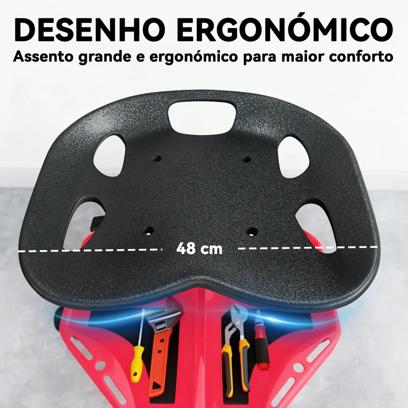 HOMCOM Banco de Oficina Móvel com Bandeja Magnética Altura Ajustável de 52–59,5 cm Carga 135 kg Banco para Mecânico com Rodas para Garagem Reparação de Automóveis Vermelho