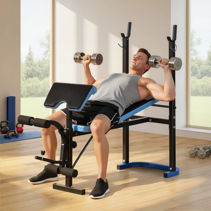 HOMCOM Banco de Musculación Banco de Pesas con Soporte para Barra y Respaldo Ajustable para Entrenamiento en Casa Gimnasio Azul