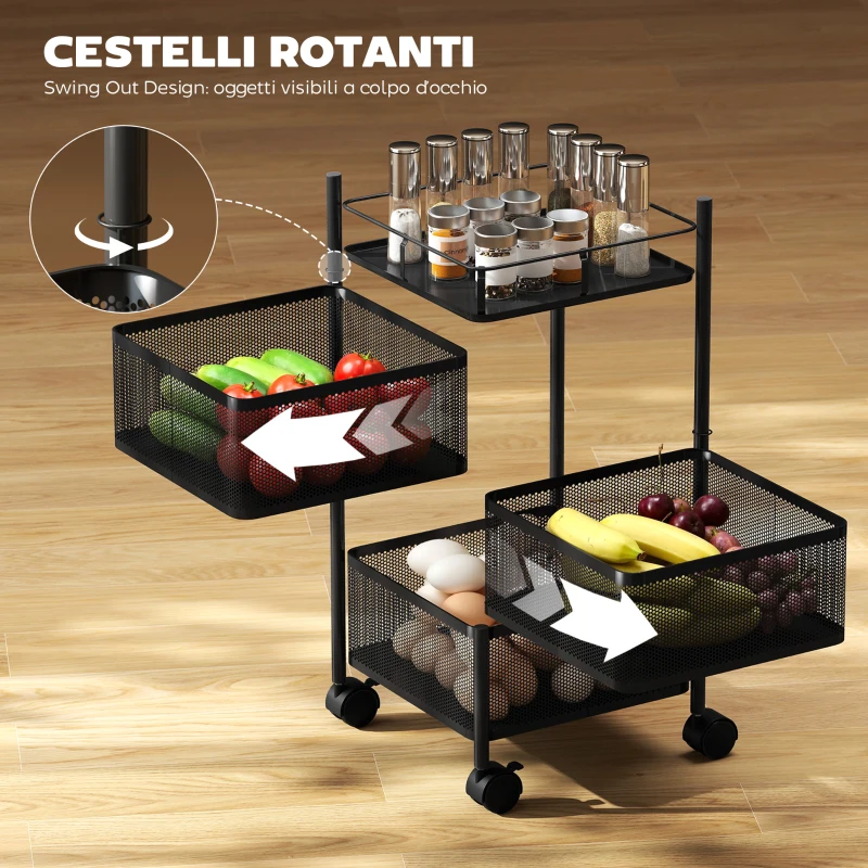 HOMCOM Carrello Cucina a 3 Livelli con Cestini in Metallo Girevoli, Ruote e Freno, 27.5x27.5x62 cm, Nero