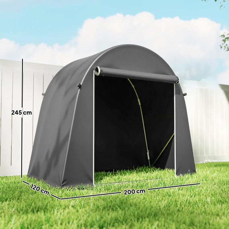 Outsunny Galpão de jardim portátil, tenda para bicicletas, porta enrolável com fecho, estrutura metálica, armazenamento versátil, cobertura de plástico, Cinza escuro