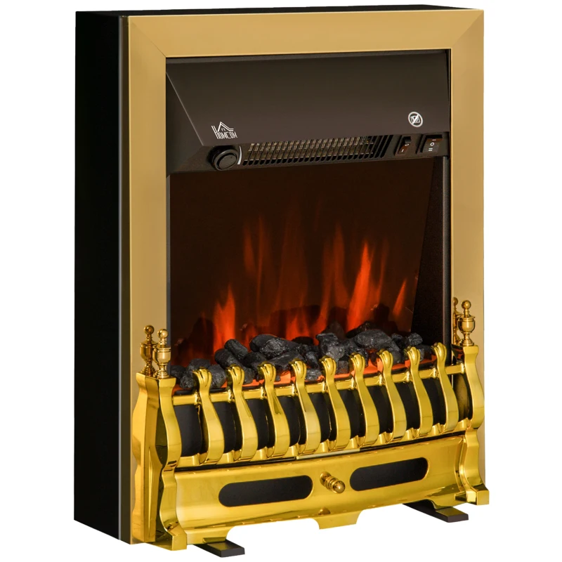 HOMCOM Camino Elettrico da Terra 1000/2000 W Effetto Fiamma LED, Caminetto Elettrico con Protezione da Surriscaldamento e Ribaltamento, Riscaldamento Regolabile, Oro