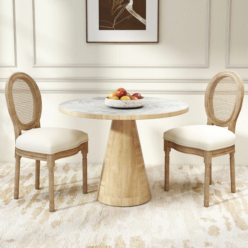 HOMCOM Lot de 2 chaises de Salle à Manger - Chaise de Salon médaillon Style Louis XVI - Bois Massif sculpté, patiné - Dossier cannage - Aspect Lin Crème(m-8)