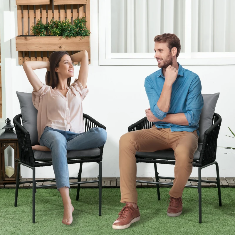 Outsunny Cadeiras para exterior, conjunto de 2, design boho, almofada de assento e encosto, concha de assento confortável, estrutura metálica, Preto