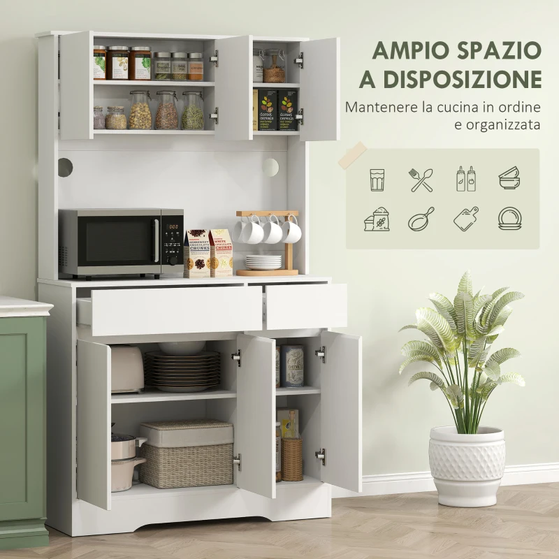 HOMCOM Credenza da Cucina Moderna con 4 Armadietti, 2 Cassetti e Ripiani Regolabili, 100x38x180 cm, Bianco