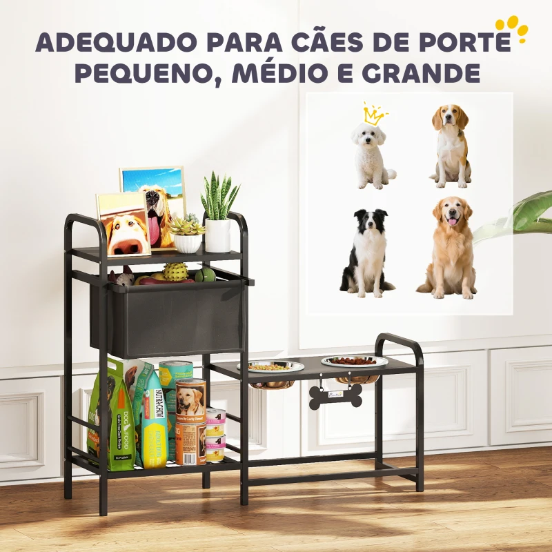 PawHut Comedouro Elevado para Cães com Gaveta em Tecido 2 Taças de Aço Inoxidável 2x800 ml Altura Ajustável 2 Prateleiras 89,5x27x74 cm Preto