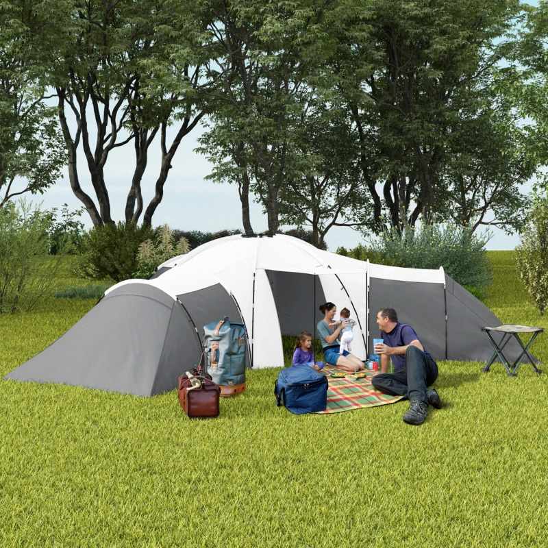Outsunny Barraca de camping para 6-9 pessoas, 4 compartimentos, alpendre, à prova d'água, 615x 615x225cm, Cinza