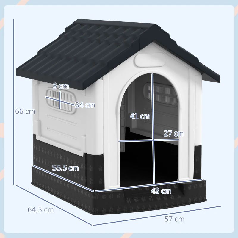 PawHut Casa para Cães Mini de Exterior em Plástico com 3 Janelas Base Elevada Telhado Inclinado 64,5x57x66 cm Cinzento Escuro