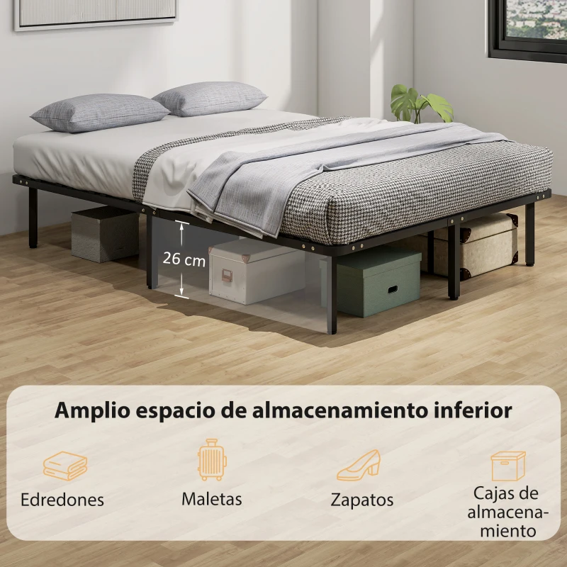 HOMCOM Estructura de Cama 140x190 cm con Marco de Acero Láminas de Álamo y Espacio de Almacenamiento Carga 500 kg Negro