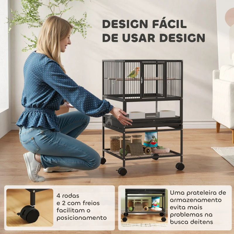 PawHut Gaiola para Pássaros com Rodas Painéis Acrílicos Comedouros Poleiros Prateleira Bandeja Amovível 48x46x83 cm Preto