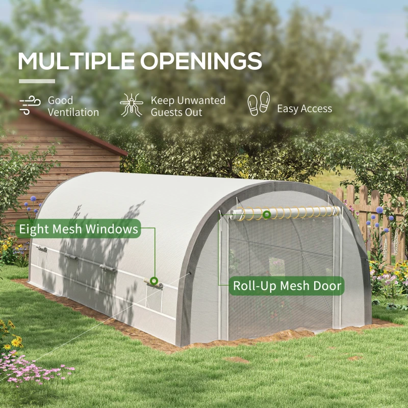 Outsunny 6 x 3(m) Polytunnel Greenhouse with Upgraded Structure, Mesh Door and Windows, 15 Plant Labels, White