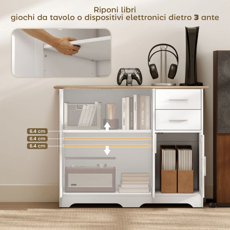 HOMCOM Credenza Moderna in Legno con 2 Cassetti e 2 Armadietti, 100x40x78 cm, Bianco e color Legno