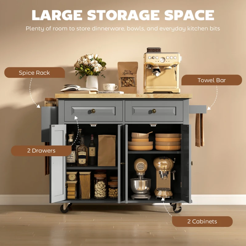 HOMCOM Rolling Kitchen Island Storage Trolley with Rubber Wood Top & Drawers for Dining Room, Grey