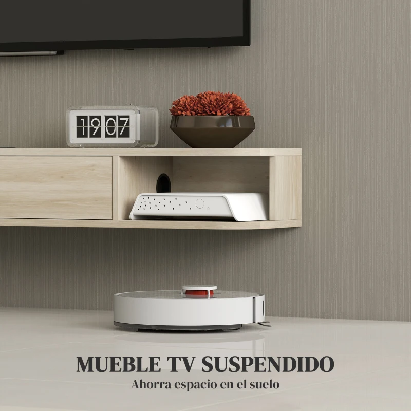 HOMCOM Mueble de TV Suspendido con Cajón Abatible 2 Estantes Abiertos Gestión de Cables 140x24x16 cm Madera Natural