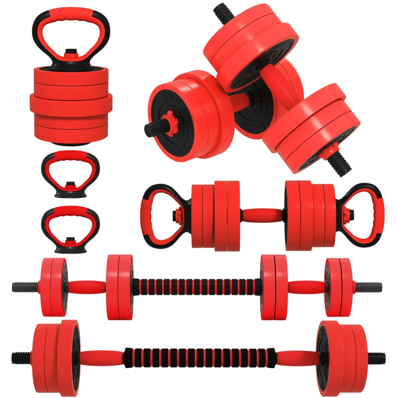 SPORTNOW 20kg 6-In-One Adjustable Weight Dumbbells Set, Barbell, Kettlebell, Push Up Stand - Red