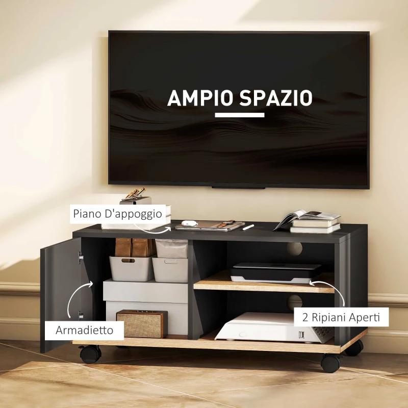 HOMCOM Mobile Porta TV fino 42"con Ruote e Freni, Armadietto e Ripiano Regolabile, 80x45x41 cm, Nero
