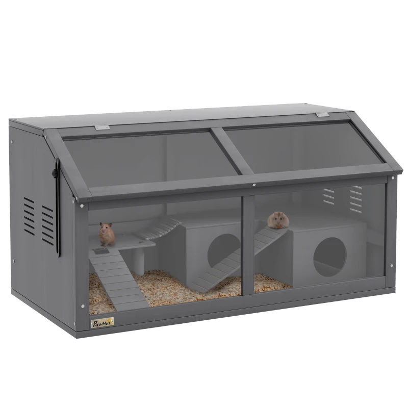 PawHut Gaiola para hamster, gaiola para pequenos animais de madeira, ponte suspensa, escadas, casinha, 84 x 45 x 44 cm, para hamsters-anões, Cinza