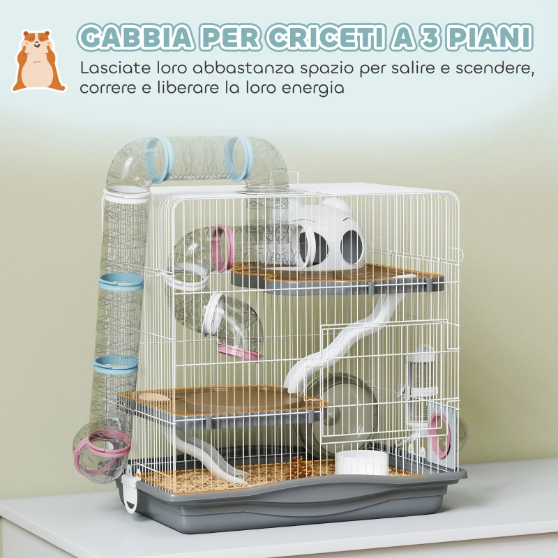 PawHut Gabbia per Criceti a 3 Livelli e 14 Tubi con Casetta, Rampa, e Accessori, in Metallo e Plastica, 45x30x45 cm, Grigio
