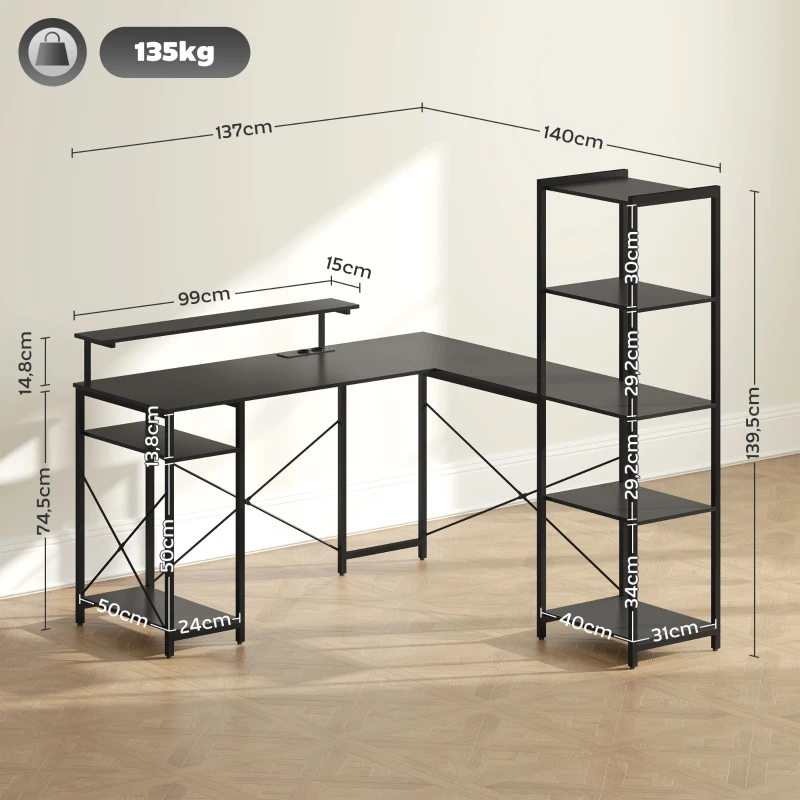 HOMCOM Mesa em L com Estação de Carregamento Mesa de Canto com Suporte para Monitor e Prateleiras para Casa e Escritório Preto