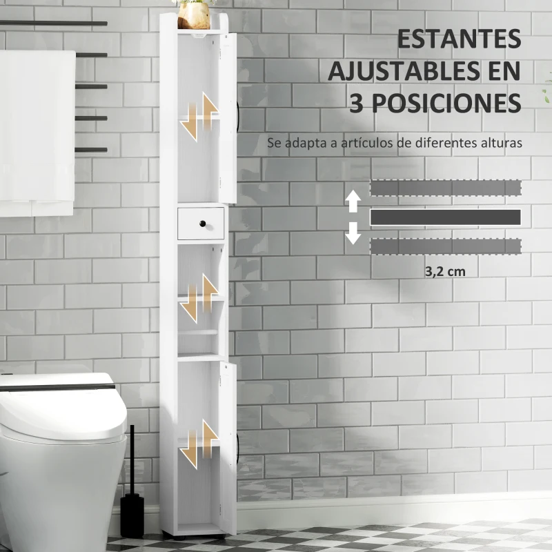 HOMCOM Columna de Baño con 2 Puertas Compartimento Abierto Estantes Ajustables y Portarrollos 20x20x185 cm Blanco