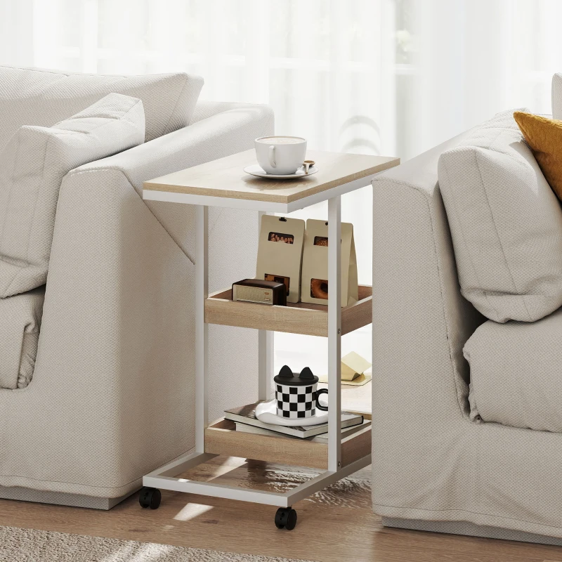 HOMCOM Mesa Auxiliar en Forma de C con Ruedas Estantes Abiertos y Marco de Acero para Salón Dormitorio 51x33x66cm Natural y Blanco