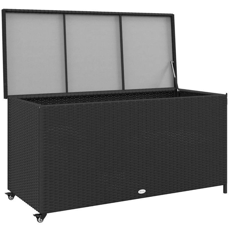 Outsunny Baú de Jardim em Rattan PE com Rodas e Pega Lateral, 121x57x67cm, Preto