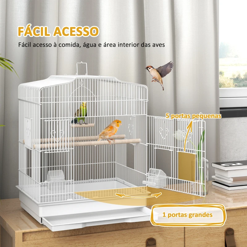 PawHut Gaiola para Pássaros de Aço com 2 Comedouros 2 Poleiros Baloiço e Bandeja Removível Pega 46,5x36x59 cm Branco