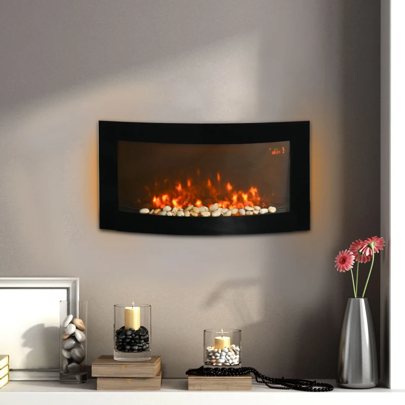 HOMCOM Camino Elettrico a Parete con Luce LED a 7 Colori, Potenza 1000/2000W e Temperatura 15-30°C, Nero