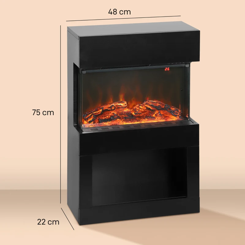 HOMCOM Camino Elettrico con Effetto Fiamma 3D Colorata, 1000W/2000W con Temperatura Regolabile e Telecomando, Nero