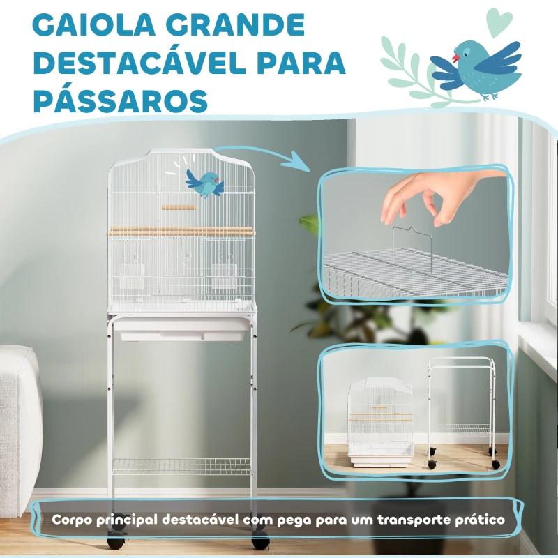 PawHut Gaiola para Pássaros com Rodas Prateleira Portas 2 Comedouros 2 Poleiros Baloiço Bandeja Removível 46,5x36x124 cm Branco