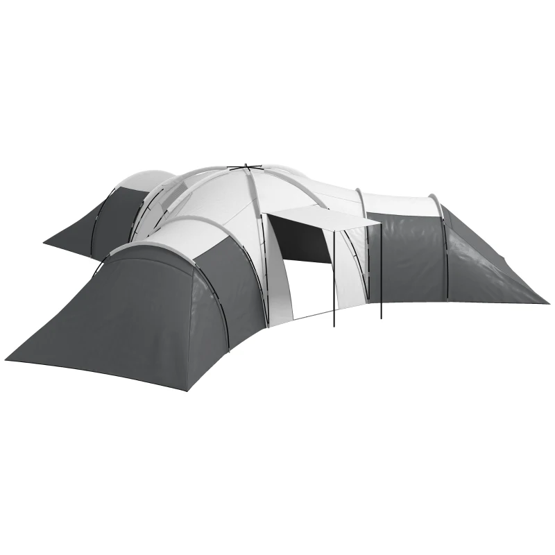 Outsunny Barraca de camping para 6-9 pessoas, 4 compartimentos, alpendre, à prova d'água, 615x 615x225cm, Cinza