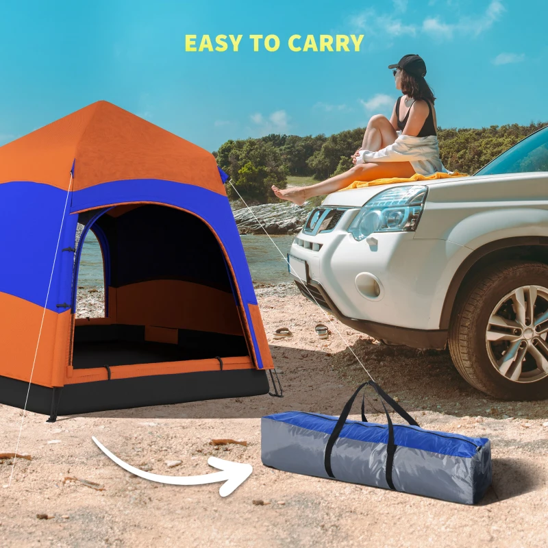 Outsunny Tenda Instantânea Pop-Up de Dupla Camada com Toldo, Tenda Familiar Outdoor para 4 Pessoas à prova d'água Hexagonal 4 Estações Tenda Cúpula com Lona de Chão 2 Portas Mosquiteiro Bolsa de Transporte Laranja