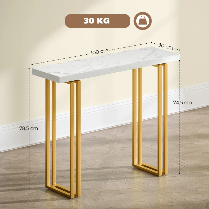 HOMCOM Mesa consola, mesa de entrada, com tampo imitação mármore, estrutura em aço, 100 x 30 x 78,5 cm, branco e dourado