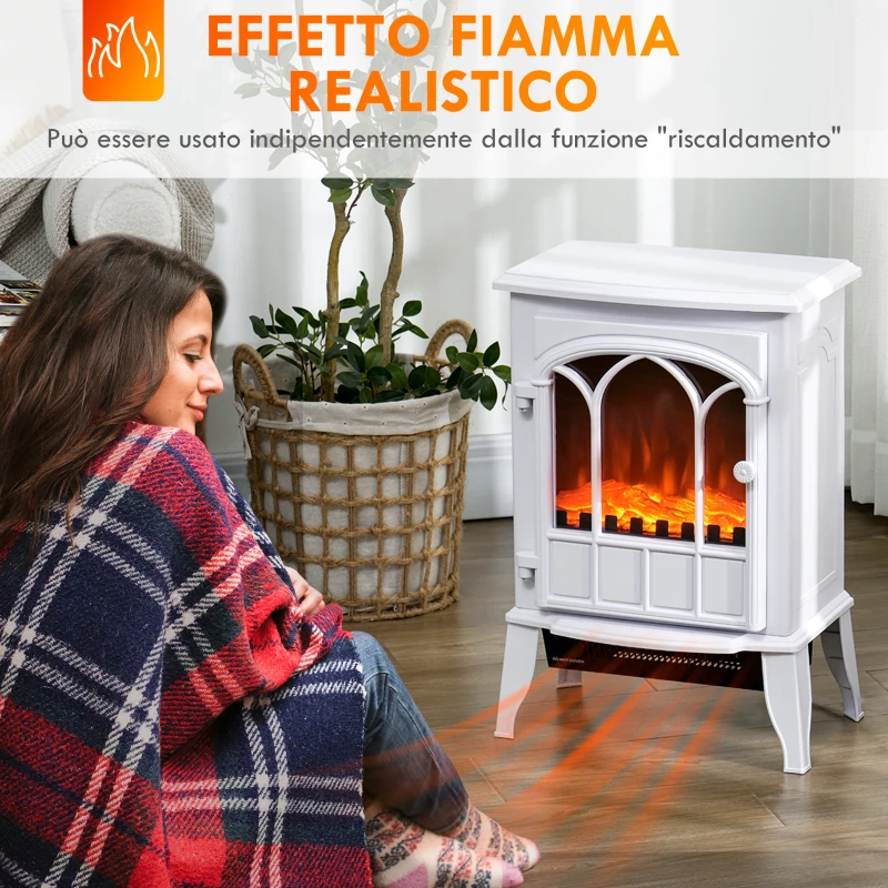 HOMCOM Camino da Terra Elettrico Potenza 1000W / 2000W con Effetto Fiamma Regolabile, 39x23x56.5cm, Bianco