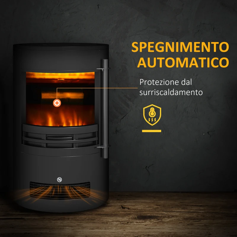 HOMCOM Camino Elettrico da Terra 900W/2000W con Effetto Fiamma, Caminetto Elettrico con Temperatura Regolabile e Protezione da Surriscaldamento, 41x41x64.5cm, Nero