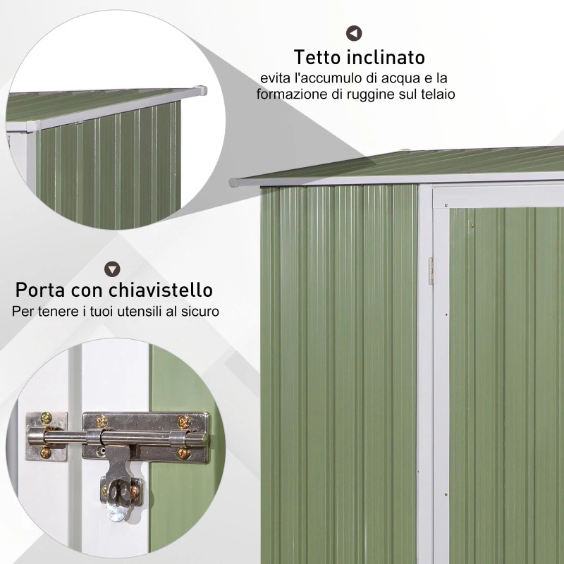 Outsunny Casetta da Giardino Porta Utensili in Lamiera di Acciaio, Capanno da Giardino in Acciaio con Porte Scorrevoli, 143x89x186cm, Verde Chiaro